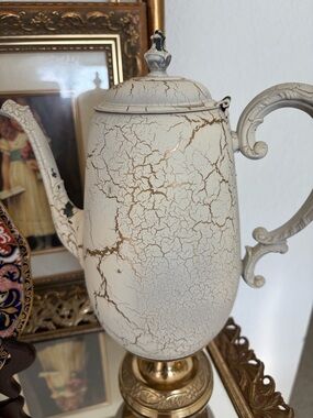 Silver Plated cream Crackle Finish Decorative Coffee Pot with Gold Accents